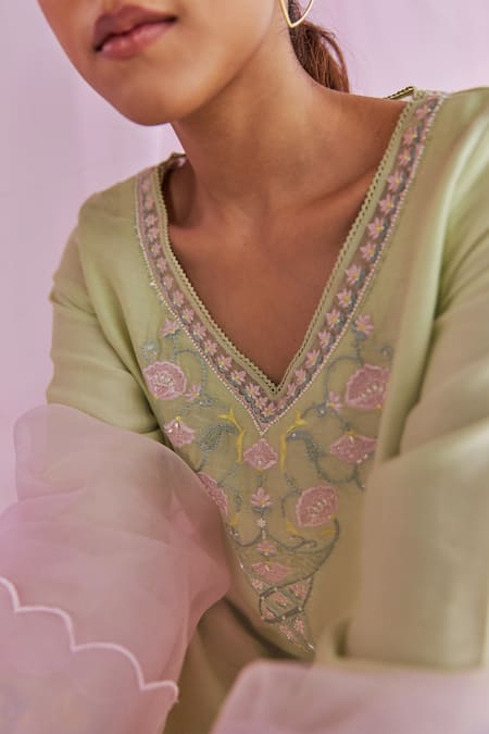 Shop_Keosha_Green Organza, Pearls, Sequins, Sadira Resham Kurta Pant Set _Online_at_Aza_Fashions