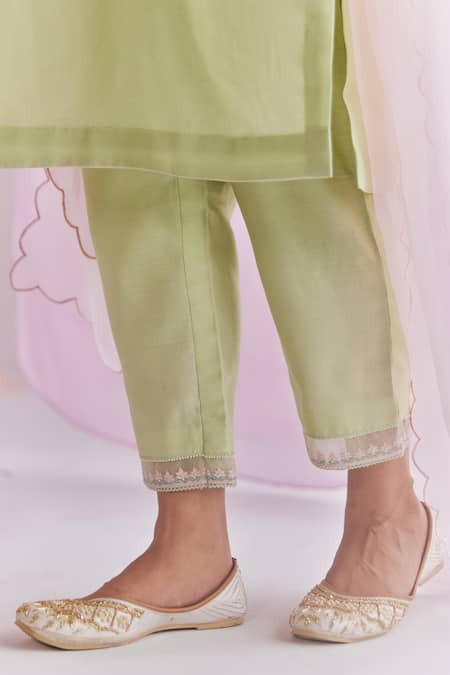 Keosha_Green Organza, Pearls, Sequins, Sadira Resham Kurta Pant Set _at_Aza_Fashions