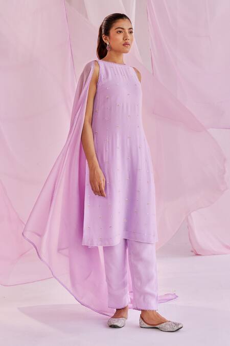 Keosha_Purple Georgette, Silk, Chanderi Pearls, Sequins, Pema Hand Kurta Pant Set _Online_at_Aza_Fashions