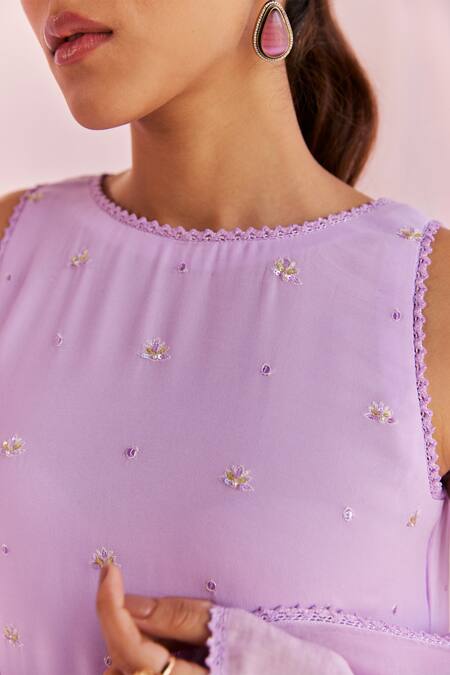 Buy_Keosha_Purple Georgette, Silk, Chanderi Pearls, Sequins, Pema Hand Kurta Pant Set _Online_at_Aza_Fashions