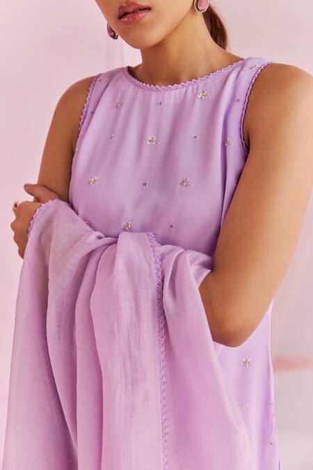 Shop_Keosha_Purple Georgette, Silk, Chanderi Pearls, Sequins, Pema Hand Kurta Pant Set _Online_at_Aza_Fashions