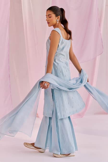 Keosha_Blue Silk, Chanderi, Cotton Pearls, Sequins, Iris Embellished Kurta Sharara Set _Online_at_Aza_Fashions