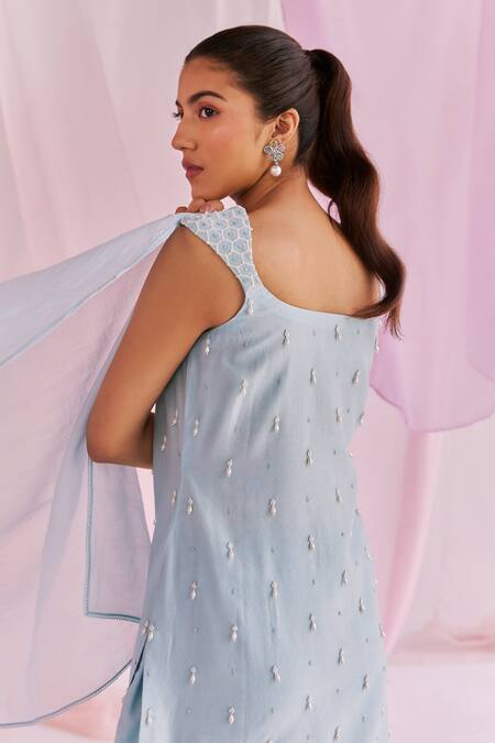 Buy_Keosha_Blue Silk, Chanderi, Cotton Pearls, Sequins, Iris Embellished Kurta Sharara Set _Online_at_Aza_Fashions