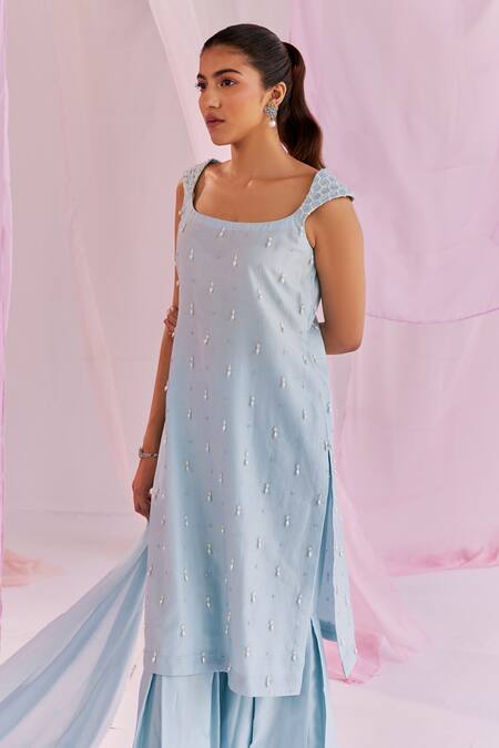 Shop_Keosha_Blue Silk, Chanderi, Cotton Pearls, Sequins, Iris Embellished Kurta Sharara Set _Online_at_Aza_Fashions
