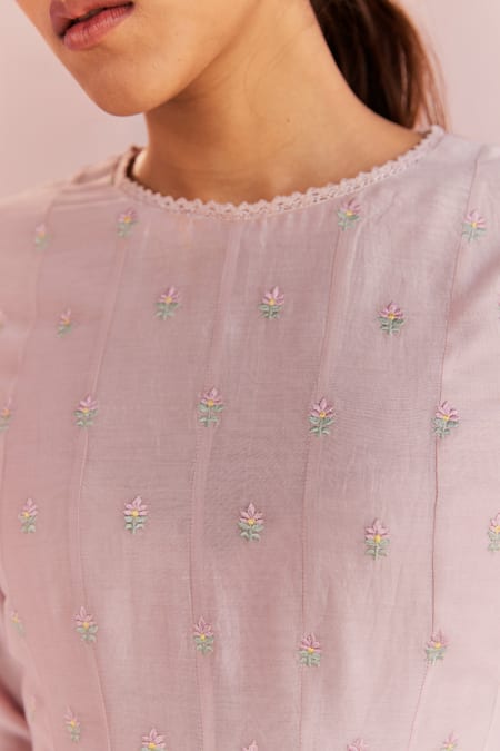 Shop_Keosha_Silver Silk, Chanderi, Cotton Embroidery Aleysa Resham Kurta And Sharara Set _Online_at_Aza_Fashions