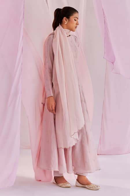 Shop_Keosha_Silver Silk, Chanderi Embroidery Round Neck Aleysa Thread Anarkali Pant Set _Online_at_Aza_Fashions