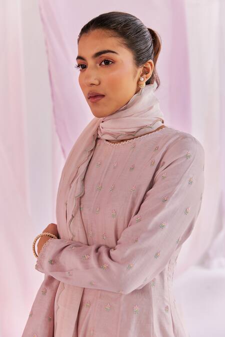 Keosha_Silver Silk, Chanderi Embroidery Round Neck Aleysa Thread Anarkali Pant Set _at_Aza_Fashions