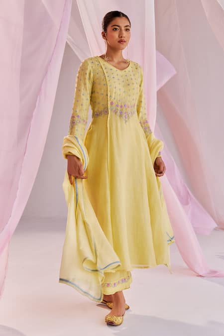 Keosha_Yellow Silk, Chanderi Pearls, Sequins, Alara And Embellished Anarkali Pant Set _Online_at_Aza_Fashions