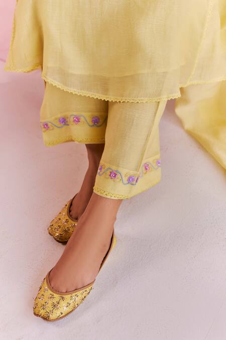 Buy_Keosha_Yellow Silk, Chanderi Pearls, Sequins, Alara And Embellished Anarkali Pant Set _Online_at_Aza_Fashions