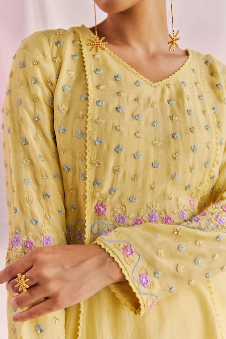 Keosha_Yellow Silk, Chanderi Pearls, Sequins, Alara And Embellished Anarkali Pant Set _at_Aza_Fashions