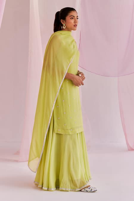 Keosha_Green Georgette Pearls, Sequins, Embroidery Ayana Sleeveless Kurta Sharara Set _Online_at_Aza_Fashions