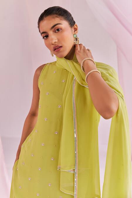 Buy_Keosha_Green Georgette Pearls, Sequins, Embroidery Ayana Sleeveless Kurta Sharara Set _Online_at_Aza_Fashions
