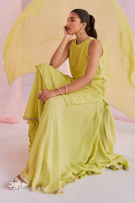 Keosha_Green Georgette Pearls, Sequins, Embroidery Ayana Sleeveless Kurta Sharara Set _at_Aza_Fashions