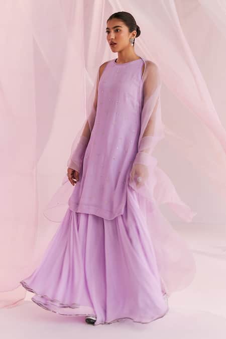 Keosha_Purple Georgette Pearls, Sequins Evara Sleeveless Embellished Kurta Sharara Set _Online_at_Aza_Fashions