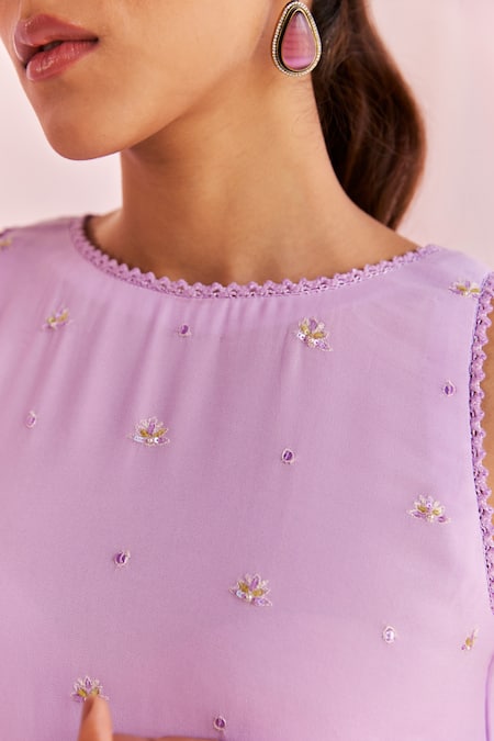 Shop_Keosha_Purple Georgette Pearls, Sequins Evara Sleeveless Embellished Kurta Sharara Set _Online_at_Aza_Fashions