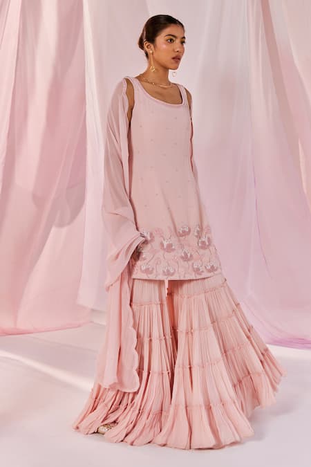 Keosha_Pink Georgette Sequins, Pearls Round Pahi Floral Embroidered Kurta Sharara Set _Online_at_Aza_Fashions