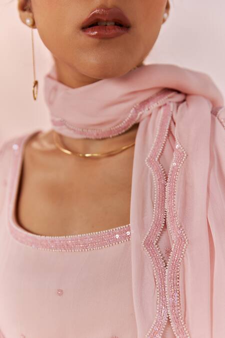 Buy_Keosha_Pink Georgette Sequins, Pearls Round Pahi Floral Embroidered Kurta Sharara Set _Online_at_Aza_Fashions