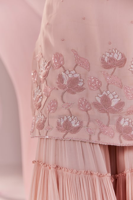 Shop_Keosha_Pink Georgette Sequins, Pearls Round Pahi Floral Embroidered Kurta Sharara Set _Online_at_Aza_Fashions