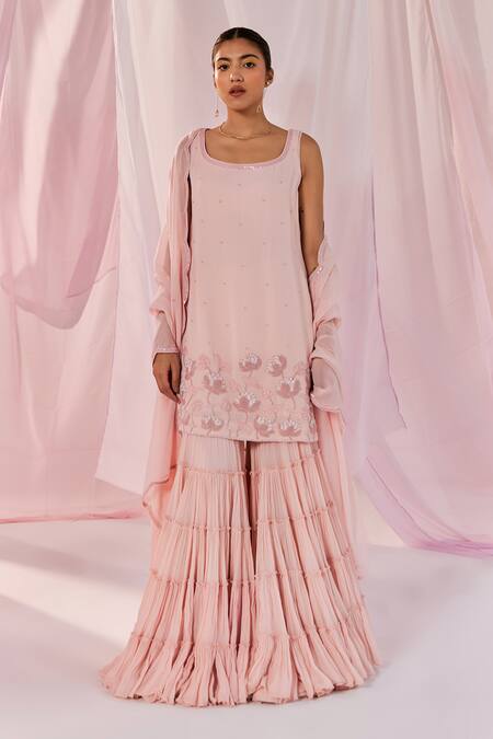 Keosha_Pink Georgette Sequins, Pearls Round Pahi Floral Embroidered Kurta Sharara Set _at_Aza_Fashions