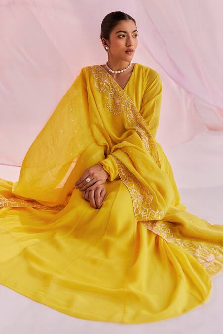 Keosha_Yellow Georgette, Silk, Lycra, Chanderi Pearls, Alaia V Anarkali Pant Set _Online_at_Aza_Fashions