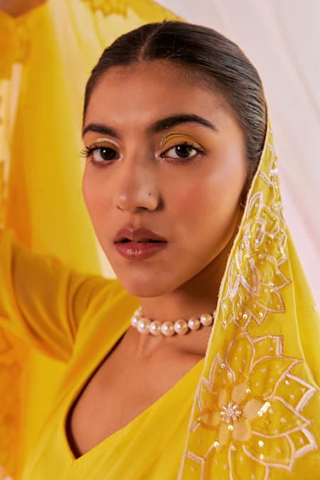 Buy_Keosha_Yellow Georgette, Silk, Lycra, Chanderi Pearls, Alaia V Anarkali Pant Set _Online_at_Aza_Fashions