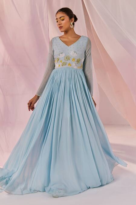 Buy_Keosha_Blue Georgette Embroidery V-neck Kaasni Floral Motif Anarkali With Dupatta _Online_at_Aza_Fashions