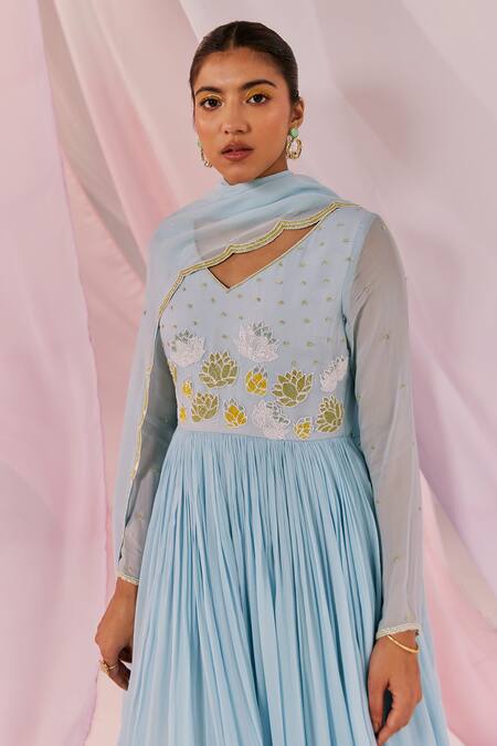 Shop_Keosha_Blue Georgette Embroidery V-neck Kaasni Floral Motif Anarkali With Dupatta _Online_at_Aza_Fashions