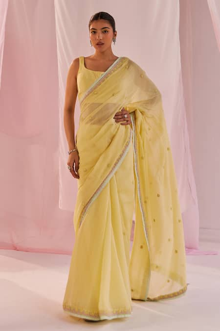 Keosha Yellow Silk Chanderi Embroidered Pearl Square Maahiri Saree With Blouse 