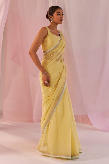 Keosha Yellow Silk, Chanderi Pearls, Sequins Maahiri Embroidered Saree With Blouse Online at Aza Fashions Keosha_Yellow Silk, Chanderi Pearls, Sequins Maahiri Embroidered Saree With Blouse _Online_at_Aza_Fashions