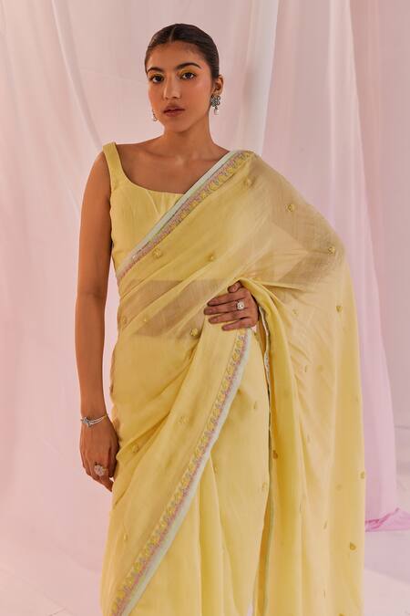 Buy Keosha Yellow Silk, Chanderi Pearls, Sequins Maahiri Embroidered Saree With Blouse Online at Aza Fashions Buy_Keosha_Yellow Silk, Chanderi Pearls, Sequins Maahiri Embroidered Saree With Blouse _Online_at_Aza_Fashions