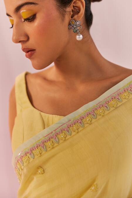 Keosha_Yellow Silk, Chanderi Square Neck Mahiri Blouse _Online_at_Aza_Fashions