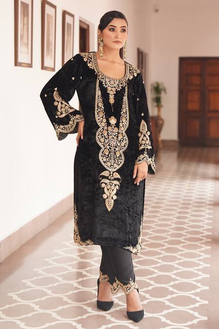 Buy_Gul By Aishwarya_Black Kurta Silk Velvet Embroidered Zardosi Round Pant Set  _Online_at_Aza_Fashions