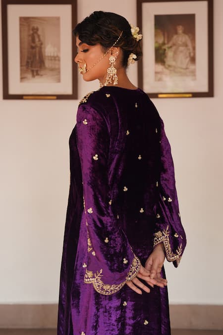 Shop_Gul By Aishwarya_Purple Kurta Silk Velvet Embroidered Zardosi Round Straight Pant Set  _at_Aza_Fashions