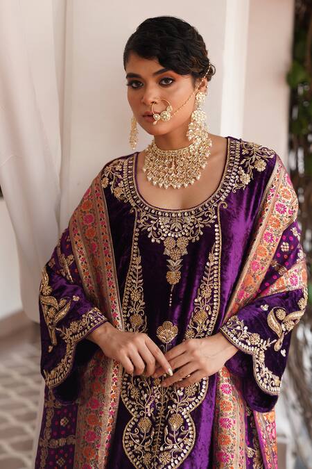 Buy_Gul By Aishwarya_Purple Kurta Silk Velvet Embroidered Zardosi Round Straight Pant Set  _Online_at_Aza_Fashions