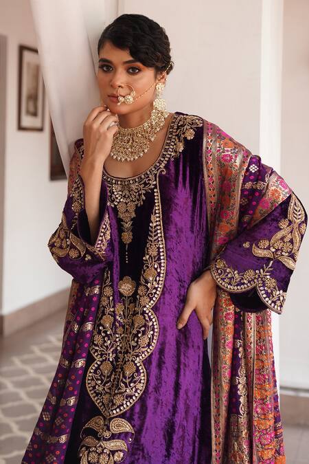 Shop_Gul By Aishwarya_Purple Kurta Silk Velvet Embroidered Zardosi Round Straight Pant Set  _Online_at_Aza_Fashions