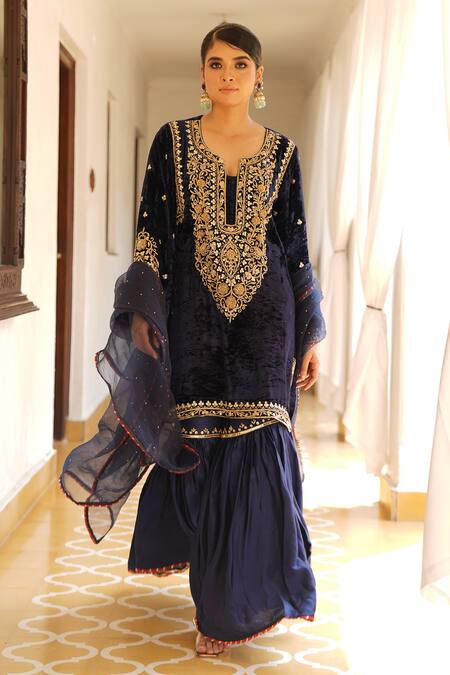 Gul By Aishwarya_Blue Silk, Satin, Georgette Zari, Embroidery Split Zardosi Kurta Gharara Set _Online_at_Aza_Fashions