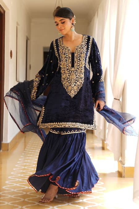 Buy_Gul By Aishwarya_Blue Silk, Satin, Georgette Zari, Embroidery Split Zardosi Kurta Gharara Set _Online_at_Aza_Fashions