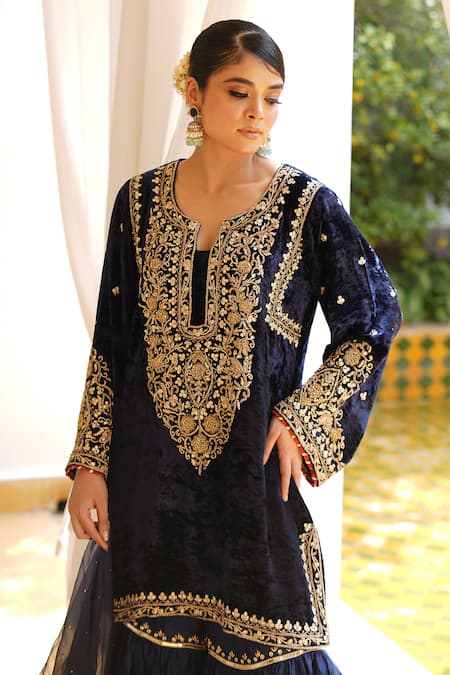 Shop_Gul By Aishwarya_Blue Silk, Satin, Georgette Zari, Embroidery Split Zardosi Kurta Gharara Set _Online_at_Aza_Fashions