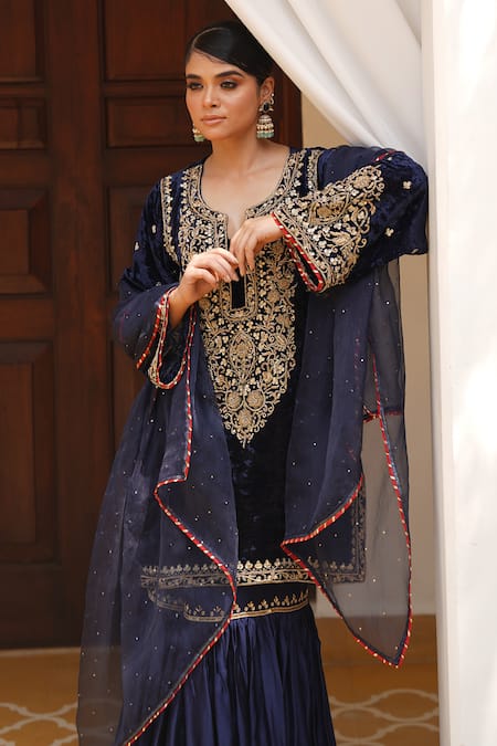 Gul By Aishwarya_Blue Silk, Satin, Georgette Zari, Embroidery Split Zardosi Kurta Gharara Set _at_Aza_Fashions
