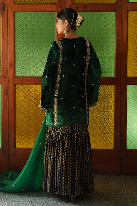 Shop_Gul By Aishwarya_Green Kurta Silk Velvet Embroidered Zardosi And Aari Work Gharara Set  _at_Aza_Fashions