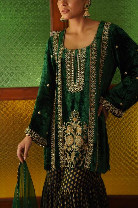 Shop_Gul By Aishwarya_Green Kurta Silk Velvet Embroidered Zardosi And Aari Work Gharara Set  _Online_at_Aza_Fashions