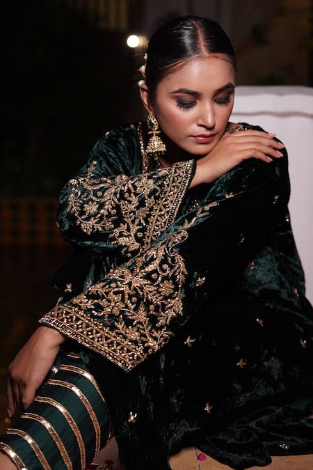 Buy_Gul By Aishwarya_Green Silk, Velvet, Organza, Satin Embroidery, Zari Round Neck Kurta Pant Set _Online_at_Aza_Fashions