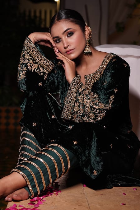 Gul By Aishwarya_Green Silk, Velvet, Organza, Satin Embroidery, Zari Round Neck Kurta Pant Set _at_Aza_Fashions