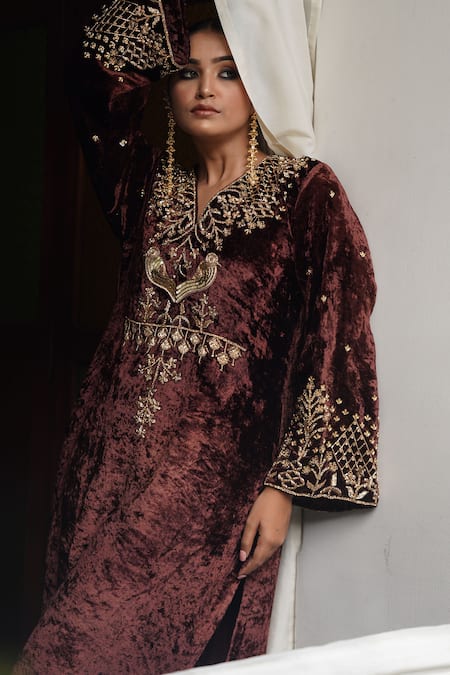 Gul By Aishwarya_Brown Organza, , , Embroidery Aari Kurta Pant Set _Online_at_Aza_Fashions