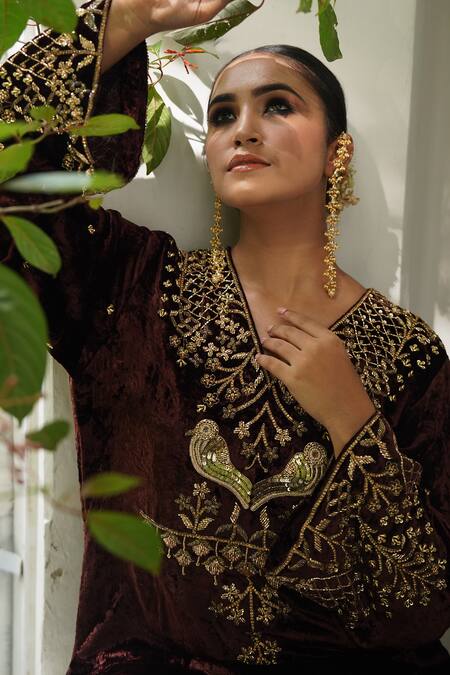 Buy_Gul By Aishwarya_Brown Organza, , , Embroidery Aari Kurta Pant Set _Online_at_Aza_Fashions