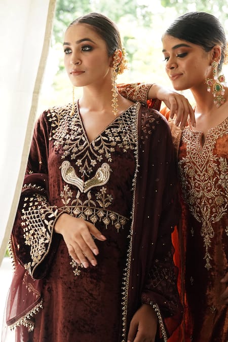 Shop_Gul By Aishwarya_Brown Organza, , , Embroidery Aari Kurta Pant Set _Online_at_Aza_Fashions