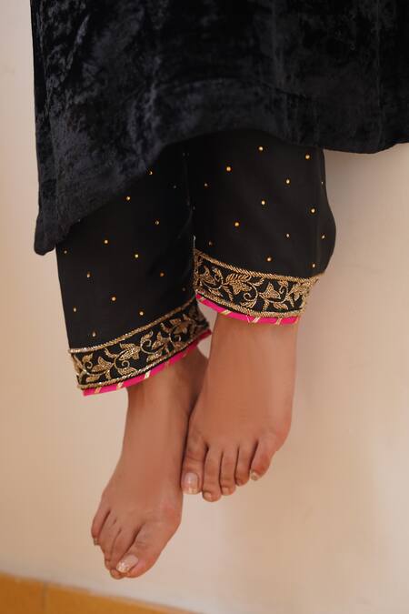Shop_Gul By Aishwarya_Black Silk, Organza, Satin Embroidery Collared Kundan And Aari Kurta Pant Set _Online_at_Aza_Fashions