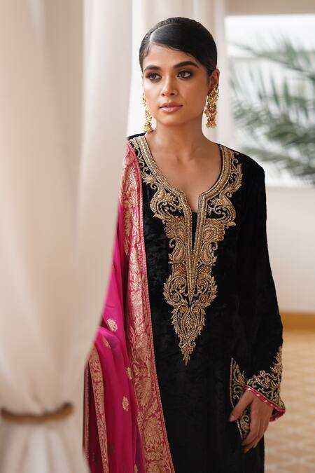 Gul By Aishwarya_Black Silk, Organza, Satin Embroidery Collared Kundan And Aari Kurta Pant Set _at_Aza_Fashions