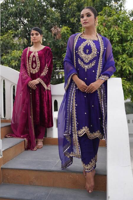 Gul By Aishwarya_Blue Organza, Embroidery, Zari Round Raw Straight Kurta Pant Set _Online_at_Aza_Fashions