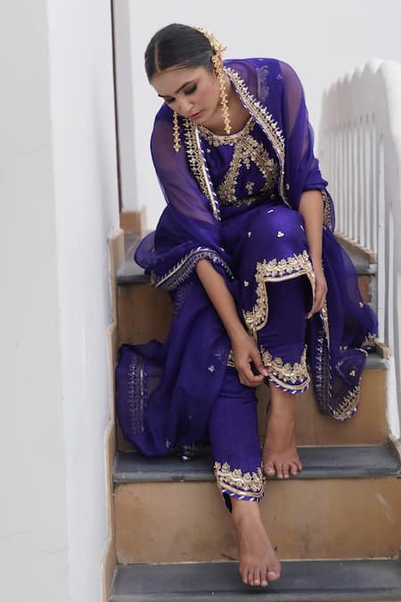 Shop_Gul By Aishwarya_Blue Organza, Embroidery, Zari Round Raw Straight Kurta Pant Set _Online_at_Aza_Fashions
